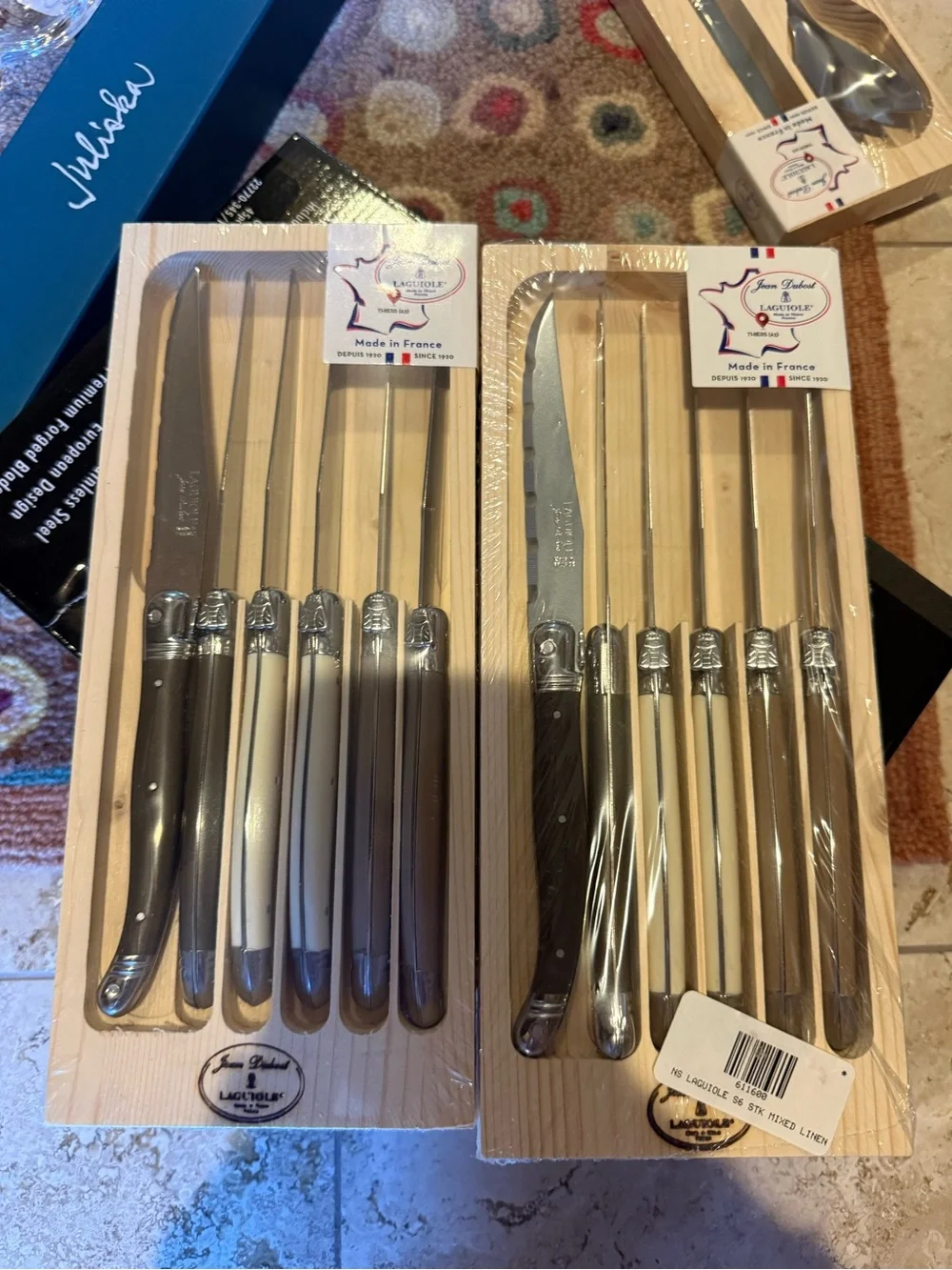 Jean dubost Laguiole steak knives, mixed linen colorway